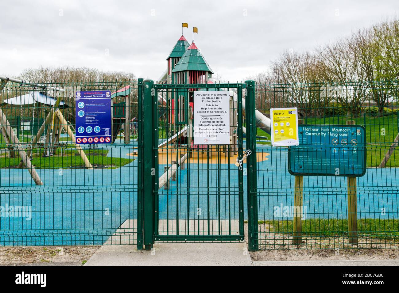 Children`s playground closed until further notice to prevent spread of coronavirus. Civid-19 Pandemic, Maynooth, Co. Kildare, Ireland Stock Photo
